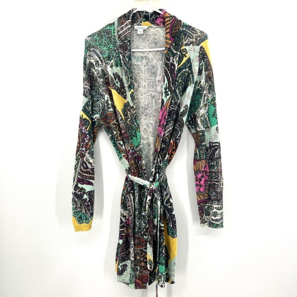 Sundance Paisley Print Linen Cotton Blend Cardigan Tie Front Sweater Small